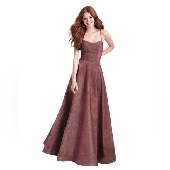 Madison James metallic lace up back slit front gown sz 0 - Picture 1 of 7